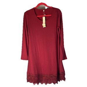 New Long Sleeve Shirt W/ Lace Hem Tunic Top Medium Afibi Deep Red Women’s Medium